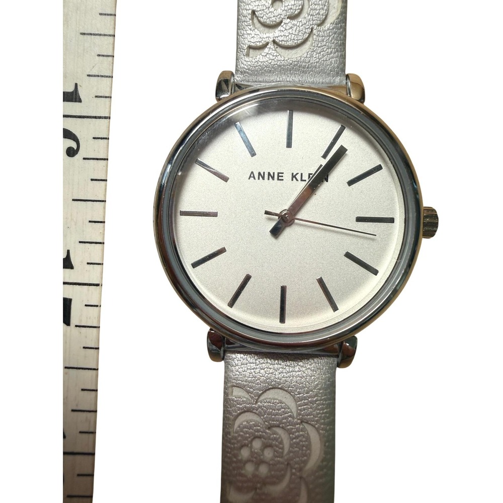 Anne Klein Silver Tone Floral Embossed Leather Strap Wristwatch Needs Battery
